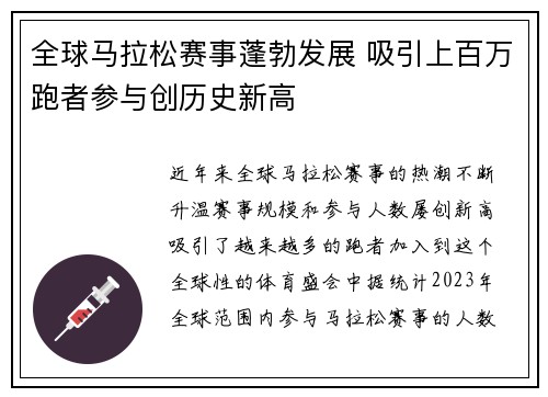 全球马拉松赛事蓬勃发展 吸引上百万跑者参与创历史新高