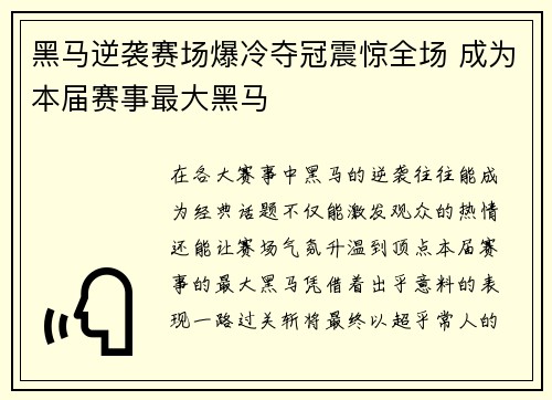 黑马逆袭赛场爆冷夺冠震惊全场 成为本届赛事最大黑马